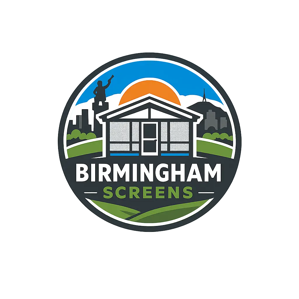 Birmingham Screens logo with screened patio, city skyline, statue, and sunset in Birmingham, AL